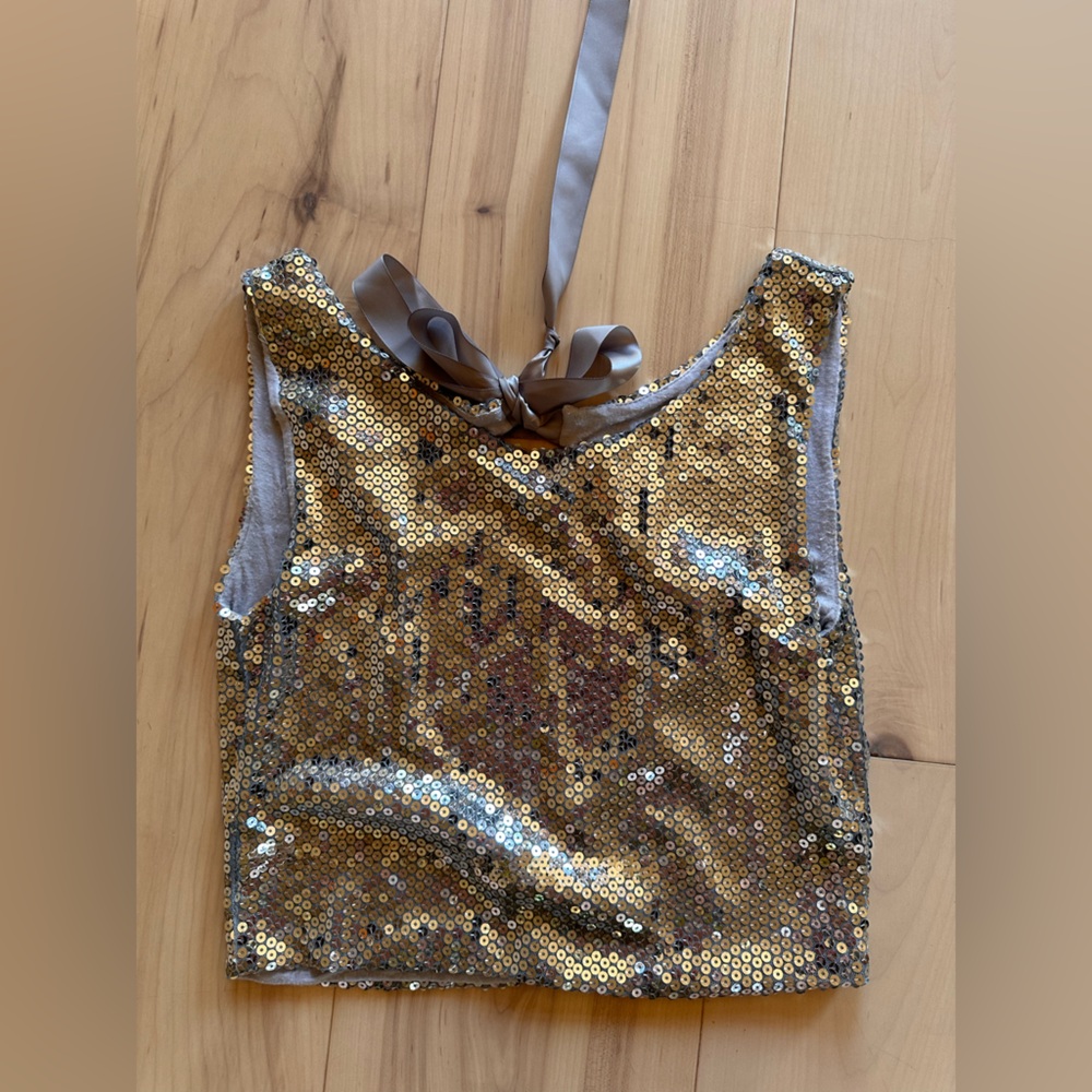 Silver Sequin Crop Tank Top with Ribbon Tie Back Cut Out